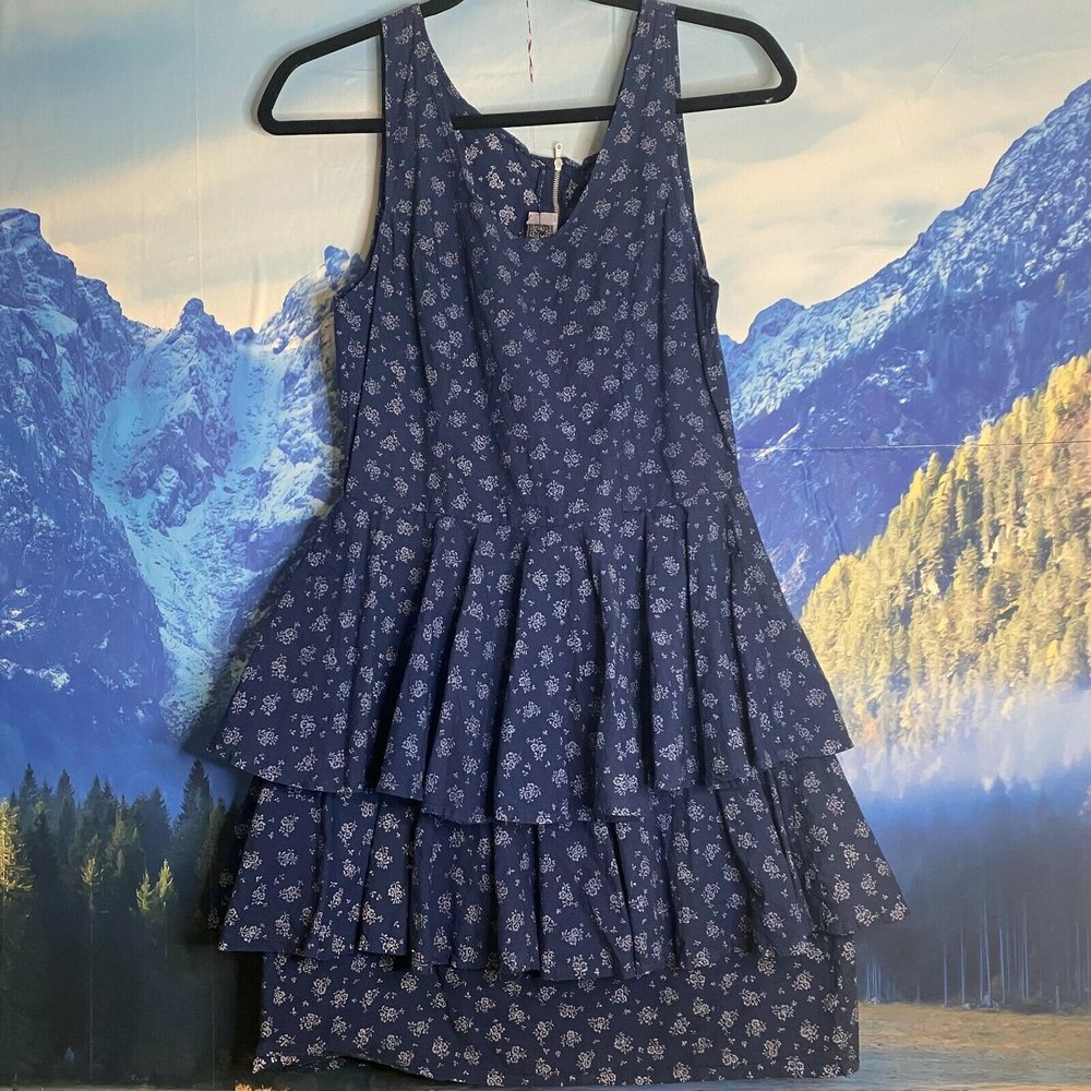 Miss Selfridge ASOS Blue Sleeveless Dress Floral Print Tiered Ruffled Skirt Size